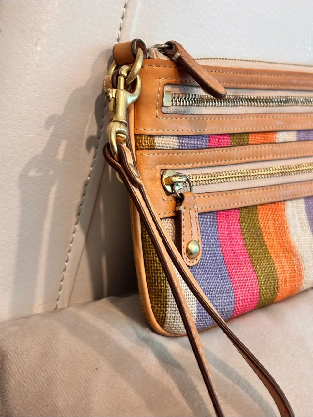 Coach Multicolor Striped Canvas & Leather Wristlet - Orange, Purple, Pink, Brown